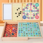 Joc 5 in 1 din lemn cu tabla magnetica, LUDO, Perechi, sah GO si Sarpe, 3+ ani
