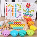 Joc educativ Montessori 2 in 1 de memorie si motricitate fina, sortare, mozaic cu bile din lemn, cleste, lingura, chopsticks, Sortare Asociere bile din lemn