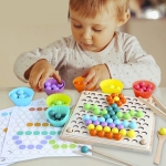 Joc educativ Montessori 2 in 1 de memorie si motricitate fina, sortare, mozaic cu bile din lemn, cleste, lingura, chopsticks, Sortare Asociere bile din lemn