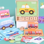 Puzzle educativ din lemn Fructe cu doua tipuri de carduri si cuburi din lemn, 3+ ani