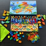 Joc educativ din lemn, sortator de culori, cifre, forme geometrice, dinozauri si joc de pescuit cu magnet