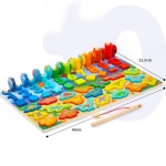 Joc educativ din lemn, sortator de culori, cifre, forme geometrice, dinozauri si joc de pescuit cu magnet