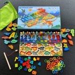 Joc educativ din lemn, sortator de culori, cifre, forme geometrice, dinozauri si joc de pescuit cu magnet