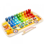 Puzzle Montessori din lemn „Busy School Bus” – autobuz scolar cu numere, forme si pescuit magnetic