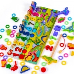 Joc educativ Montessori din lemn, stivuire, prindere si sortare, model dinozauri