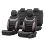 Set tapiterie luxoasa OTOM textil cu piele ecologica INDIVIDUAL Design – Neagra cu cusatura rosie, pentru scaune fata si spate