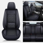 Set Huse Auto universale luxoase din piele ecologica, negru cu suport lombar integrat pentru scaune fata si spate