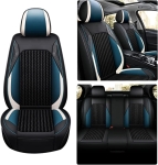 Set Huse Auto universale luxoase din piele ecologica cu material textil, negru cu accent alb si albastru pentru scaune fata si spate