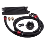 Kit complet radiator ulei universal din aluminiu, 13 randuri, 330 x 50 x 95 mm, AN10 37°, cu furtunuri si adaptor pentru filtru de ulei, negru