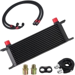 Kit complet radiator ulei universal din aluminiu, 13 randuri, 330 x 50 x 95 mm, AN10 37°, cu furtunuri si adaptor pentru filtru de ulei, negru