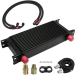 Kit complet radiator ulei universal din aluminiu, 16 randuri, 330 x 50 x 115 mm, AN10 37°, cu furtunuri si adaptor pentru filtru de ulei, negru