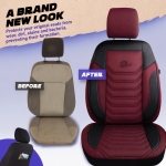 Set huse universale luxoase PANDA FLORIDA – Piele ecologica si material textil, Negru/Bordo pentru scaune fata si spate