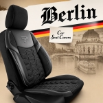 Set huse universale luxoase PANDA BERLIN – Piele ecologica si material textil, Negru/Gri pentru scaune fata si spate
