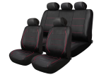 Set Complet Huse Auto Universale Premium – 9 Piese, Piele Ecologica Neagra cu Cusaturi Rosii