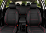 Set Complet Huse Auto Universale Premium – 9 Piese, Piele Ecologica Neagra cu Cusaturi Rosii