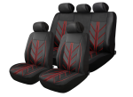 Set Complet Huse Auto Universale Premium – 9 Piese, Piele Ecologica Neagra cu Cusaturi Rosii