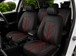 Set Complet Huse Auto Universale Premium – 9 Piese, Piele Ecologica Neagra cu Cusaturi Rosii