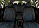 Set Complet Huse Auto Universale Premium – 9 Piese, Piele Ecologica Neagra cu Cusaturi Albastre