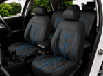 Set Complet Huse Auto Universale Premium – 9 Piese, Piele Ecologica Neagra cu Cusaturi Albastre
