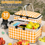 Cos de Picnic Pliabil 30L - Termoizolant, Cadru Aluminiu, Capac cu Fermoar pentru Camping, Excursii si Cumparaturi