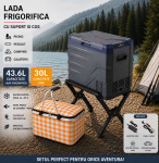 Set Camping Flexzon - Lada Frigorifica Portabila SMART 43.6L + Suport Pliabil Reglabil din Aluminiu 60kg + Cos de Picnic Pliabil Termoizolant 30L