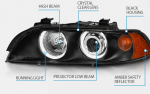 Faruri cu Angel Eyes pentru BMW E39 (1997–2003) Carcasa neagra, lentila clara, becuri halogen