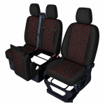 Set huse scaune 2+1 pentru FORD TRANSIT CUSTOM 2009+ – Piele ecologica, Negru cu cusaturi rosii, 8 piese
