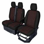 Set huse scaune 2+1 pentru FORD TRANSIT CUSTOM 2009+ – Piele ecologica, Negru cu cusaturi rosii, 8 piese