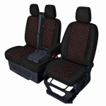 Set huse scaune 2+1 pentru FORD TRANSIT CUSTOM 2009+ – Piele ecologica, Negru cu cusaturi rosii, 8 piese