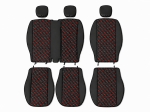 Set huse scaune 2+1 pentru FORD TRANSIT CUSTOM 2009+ – Piele ecologica, Negru cu cusaturi rosii, 8 piese