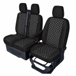 Set huse scaune 2+1 pentru FORD TRANSIT CUSTOM 2009+ – Piele ecologica, Negru cu cusaturi albe, 8 piese