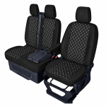 Set huse scaune 2+1 pentru FORD TRANSIT CUSTOM 2009+ – Piele ecologica, Negru cu cusaturi albe, 8 piese