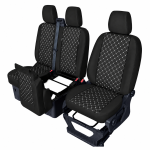 Set huse scaune 2+1 pentru FORD TRANSIT CUSTOM 2009+ – Piele ecologica, Negru cu cusaturi albe, 8 piese