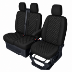 Set huse scaune 2+1 pentru FORD TRANSIT CUSTOM 2009+ – Piele ecologica, Negru cu cusaturi negre, 8 piese