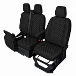Set huse scaune 2+1 pentru FORD TRANSIT CUSTOM 2009+ – Piele ecologica, Negru cu cusaturi negre, 8 piese