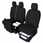 Set huse scaune 2+1 pentru FORD TRANSIT CUSTOM 2009+ – Piele ecologica, Negru cu cusaturi negre, 8 piese