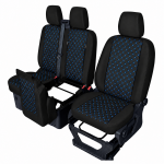 Set huse scaune 2+1 pentru FORD TRANSIT CUSTOM 2009+ – Piele ecologica, Negru cu cusaturi gri, 8 piese