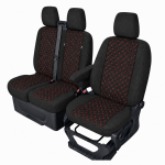 Set huse scaune 2+1 pentru FORD TRANSIT CUSTOM 2009+ – Material textil, Negru cu cusaturi rosii, 8 piese