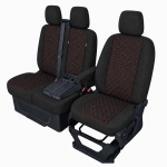 Set huse scaune 2+1 pentru FORD TRANSIT CUSTOM 2009+ – Material textil, Negru cu cusaturi rosii, 8 piese