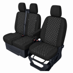 Set huse scaune 2+1 pentru FORD TRANSIT CUSTOM 2009+ – Material textil, Negru cu cusaturi albe, 8 piese