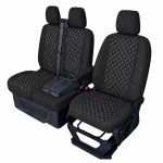 Set huse scaune 2+1 pentru FORD TRANSIT CUSTOM 2009+ – Material textil, Negru cu cusaturi albe, 8 piese