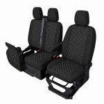 Set huse scaune 2+1 pentru FORD TRANSIT CUSTOM 2009+ – Material textil, Negru cu cusaturi albe, 8 piese
