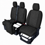 Set huse scaune 2+1 pentru FORD TRANSIT CUSTOM 2009+ – Material textil, Negru cu cusaturi albe, 8 piese