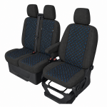 Set huse scaune 2+1 pentru FORD TRANSIT CUSTOM 2009+ – Material textil, Negru cu cusaturi albastre, 8 piese