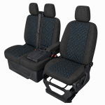 Set huse scaune 2+1 pentru FORD TRANSIT CUSTOM 2009+ – Material textil, Negru cu cusaturi albastre, 8 piese