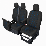 Set huse scaune 2+1 pentru FORD TRANSIT CUSTOM 2009+ – Material textil, Negru cu cusaturi albastre, 8 piese
