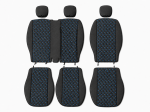 Set huse scaune 2+1 pentru FORD TRANSIT CUSTOM 2009+ – Material textil, Negru cu cusaturi albastre, 8 piese