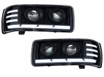 Set 2 Faruri LED stanga + dreapta cu 2 lupe pentru DAF XF105 / Space Cab / Super Space Cab, 24V, DRL Alb-Portocaliu, Startup Effect