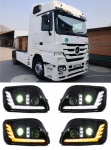 Far LED Stanga cu 2 Lupe pentru Mercedes-Benz Actros MP3 / MegaSpace 2008-2011, 24V, DRL Alb-Portocaliu, Startup Effect, OEM 9438201661, A9438201661
