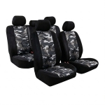Huse universale pentru scaune – set complet pentru 5 locuri, tapiterie textila pentru autoturism, microbuz si SUV – culoare camuflaj negru-gri (9 piese)